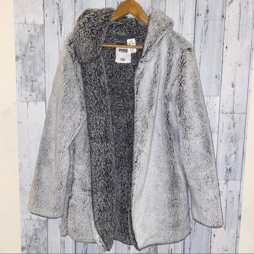 VS PINK fuzzy cardigan jacket hoodie M NWT gray Sherpa